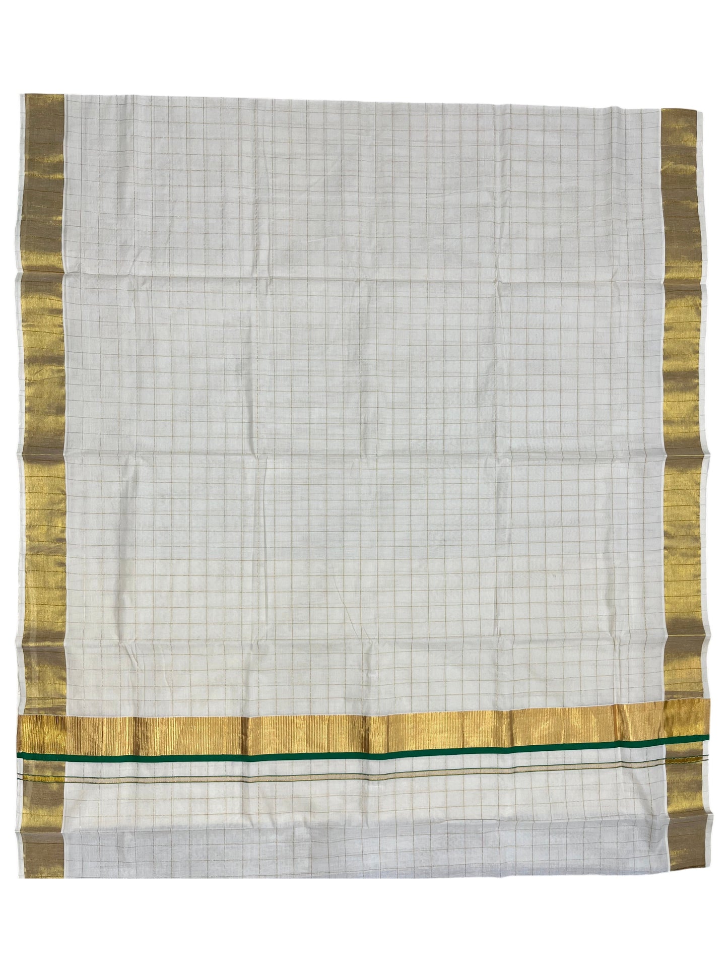 Southloom Pure Cotton  Kerala  Kasavu Woven Check Saree with Green Border