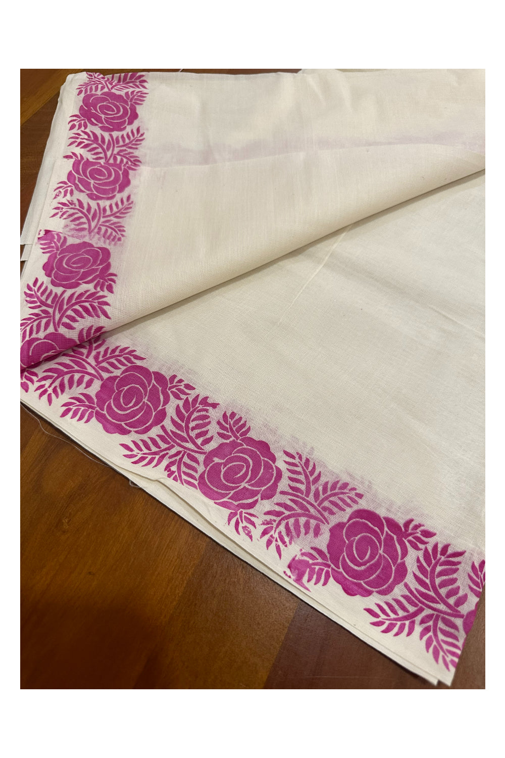 Kerala Cotton Set Mundu (Mundum Neriyathum) with Pink Floral Block Printed Border (Onam Set Mundu 2023)