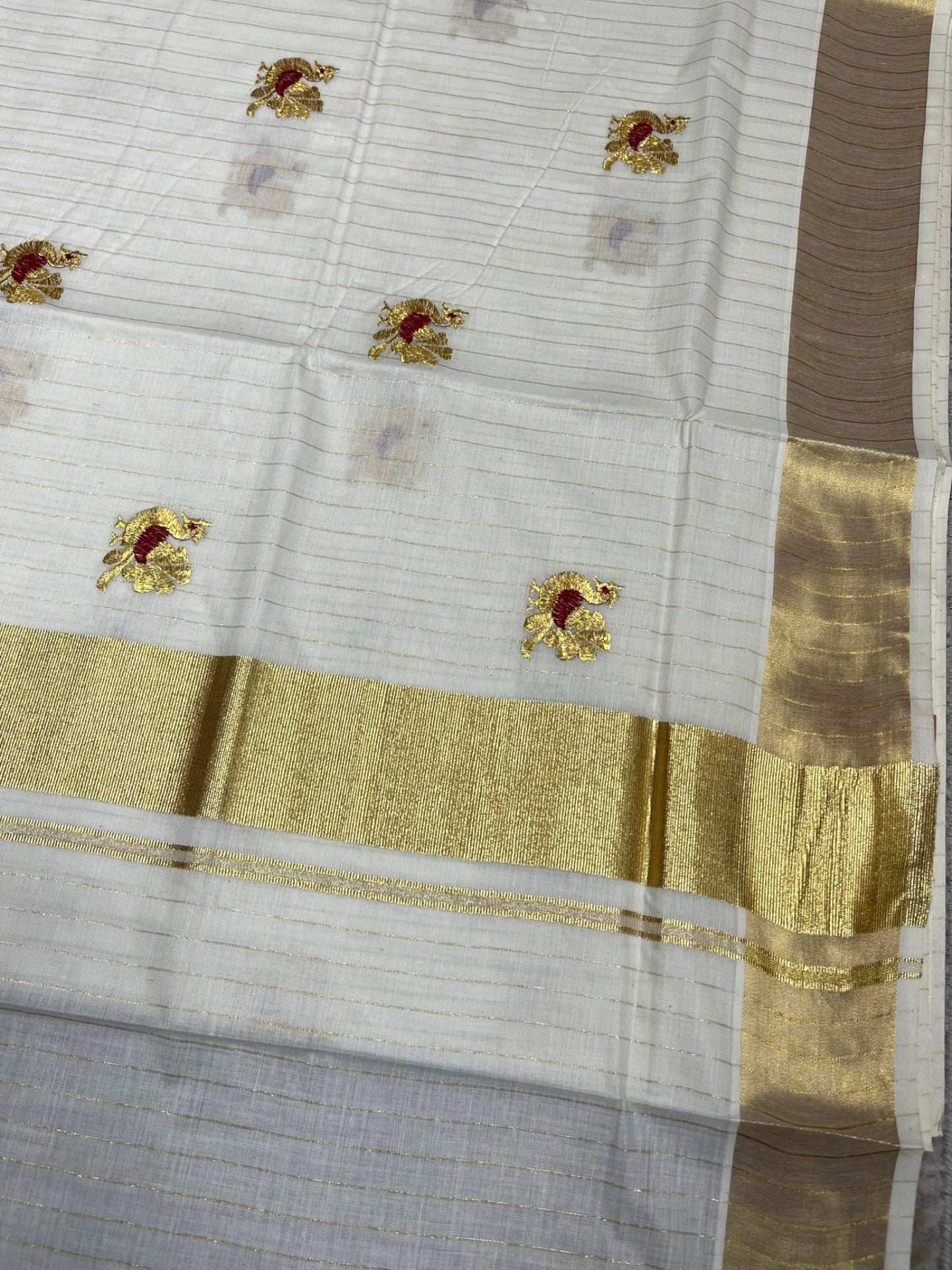 Southloom Cotton Kerala Kasavu Lines Saree with Peacock Embroidery Work on Body in Maroon
