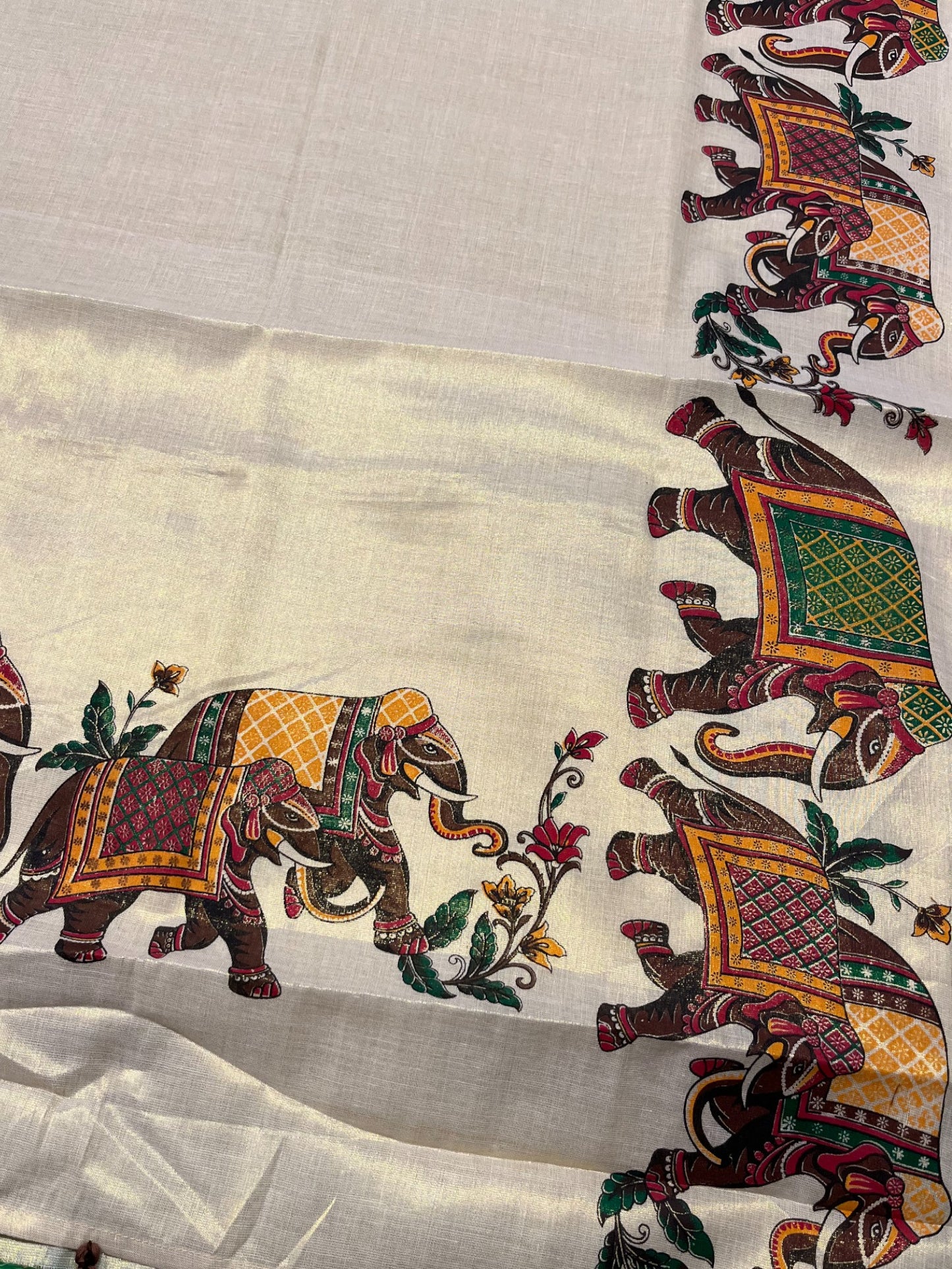Southloom Kerala Tissue Kasavu Saree With Elephant Design on Borders