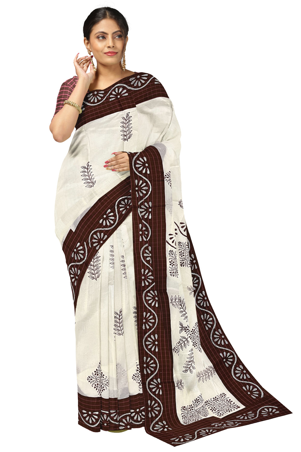 Pure Cotton Onam 2023 Kerala Saree with Hand Block Maroon Batik Prints