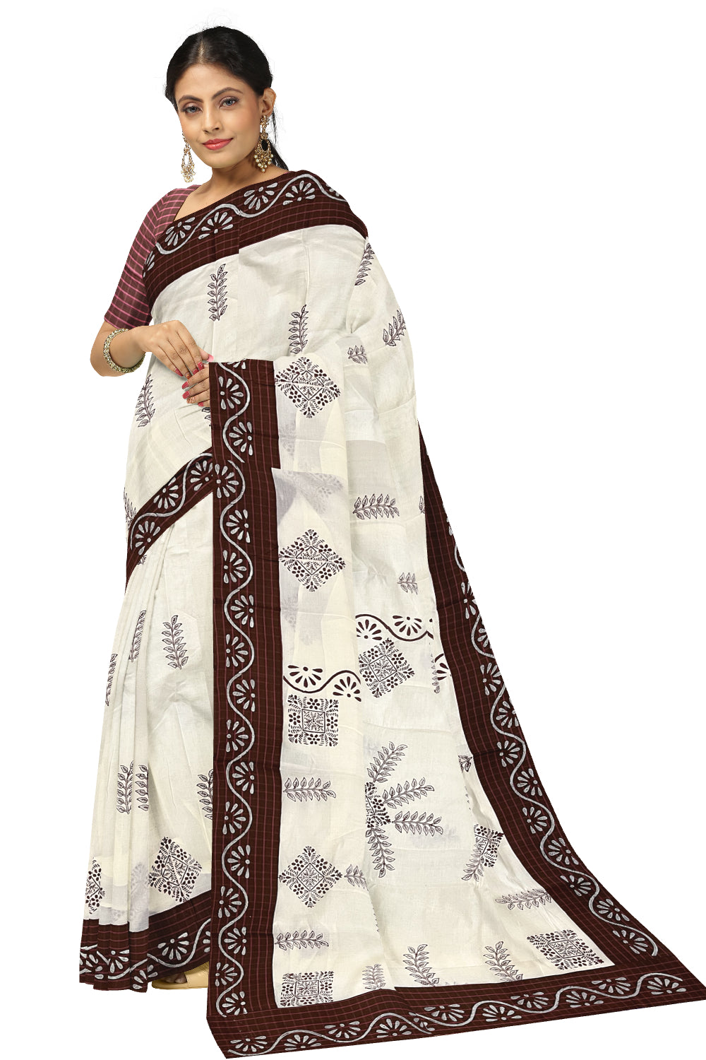 Pure Cotton Onam 2023 Kerala Saree with Hand Block Maroon Batik Prints