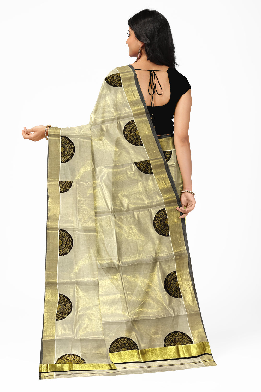 Kerala Tissue Kasavu Saree with Brown Block Prints and Kasavu Black Border