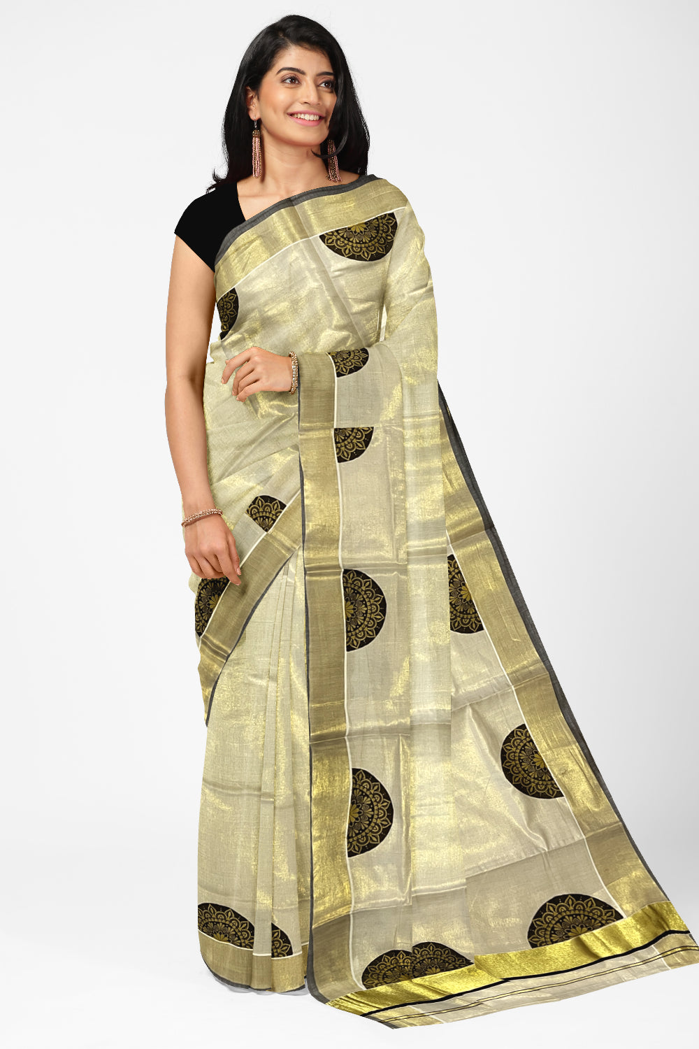 Kerala Tissue Kasavu Saree with Brown Block Prints and Kasavu Black Border