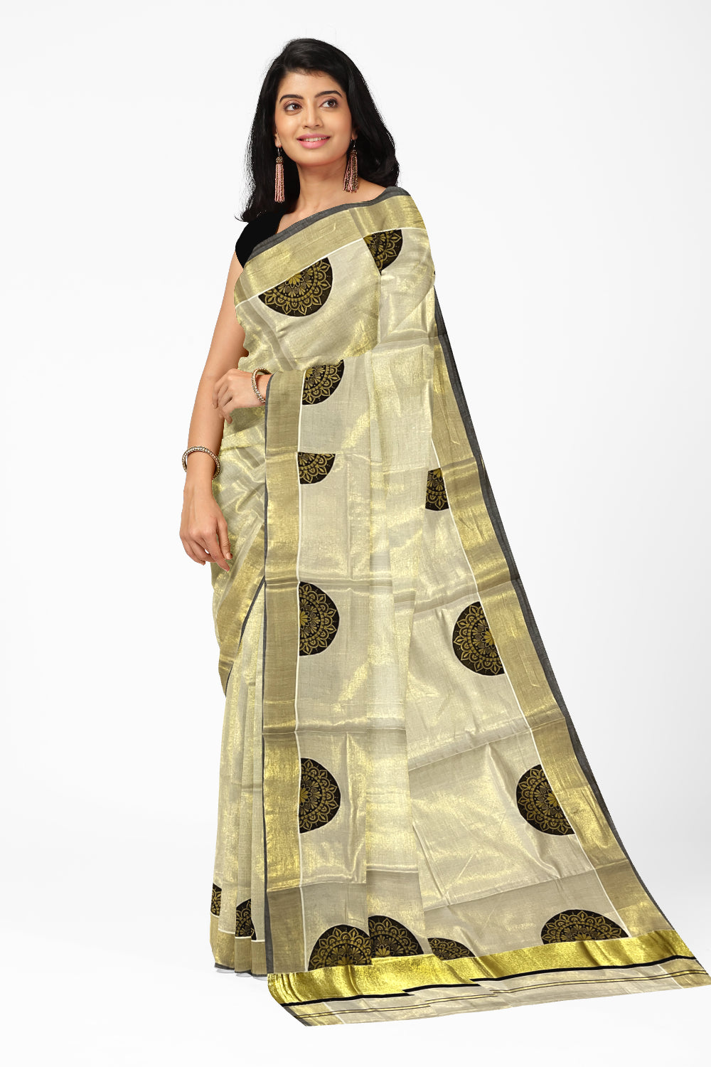 Kerala Tissue Kasavu Saree with Brown Block Prints and Kasavu Black Border