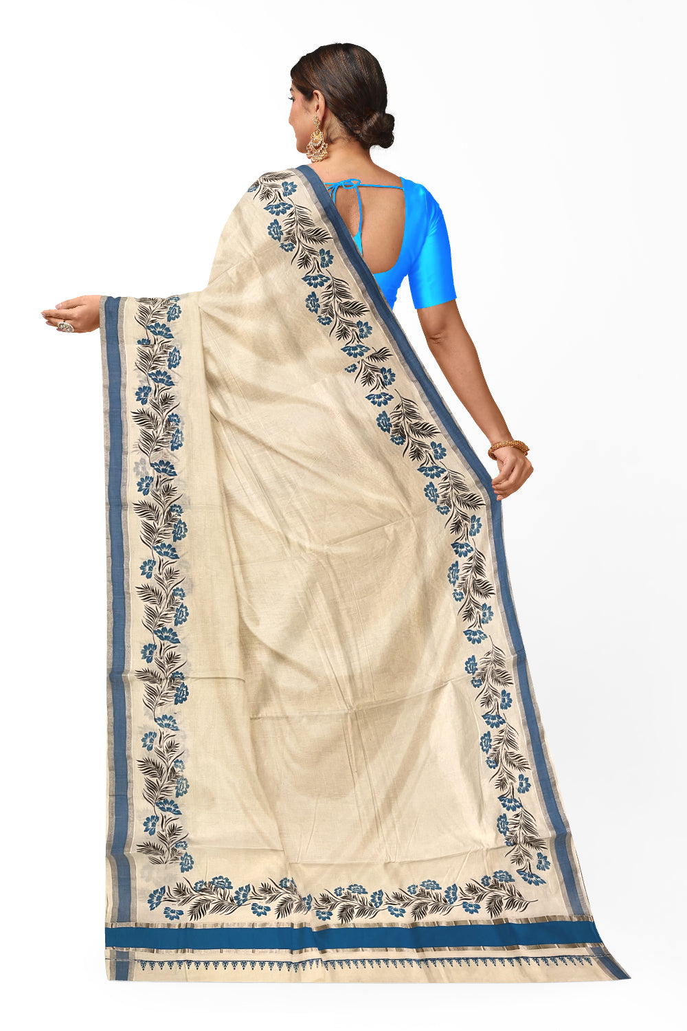 Pure Cotton Kerala Saree with Blue Black Floral Block Prints and Silver Blue Border