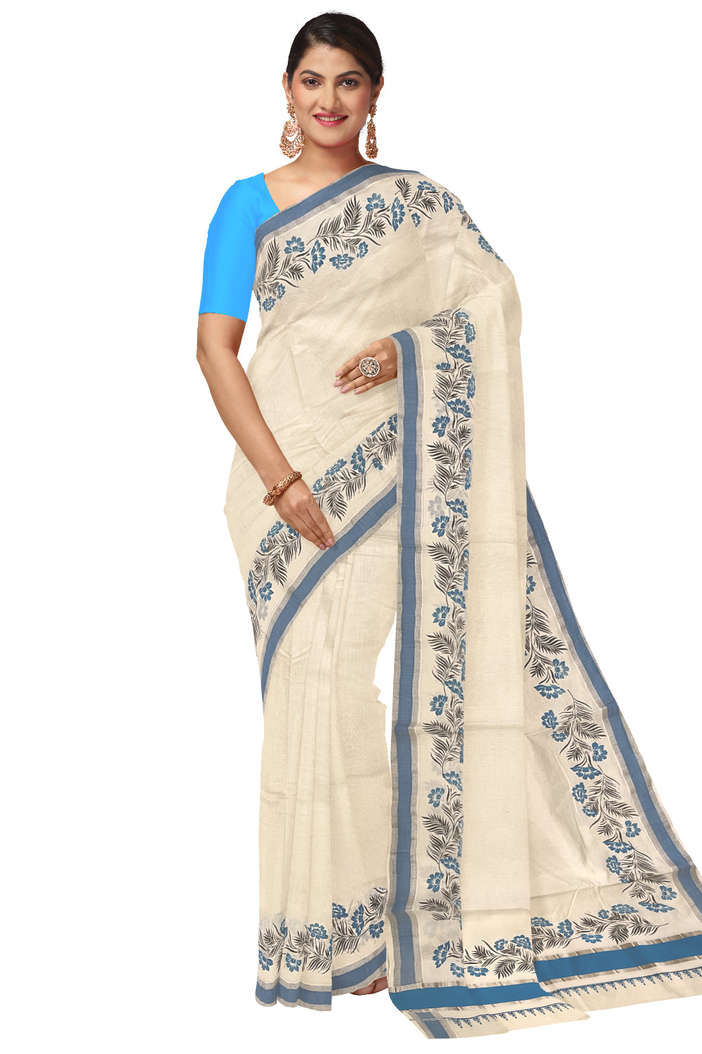 Pure Cotton Kerala Saree with Blue Black Floral Block Prints and Silver Blue Border