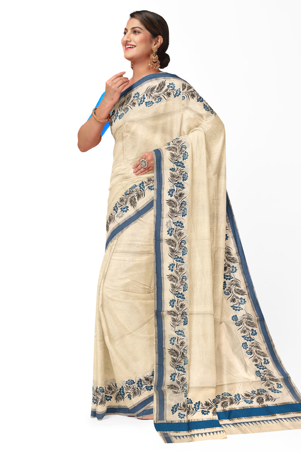 Pure Cotton Kerala Saree with Blue Black Floral Block Prints and Silver Blue Border