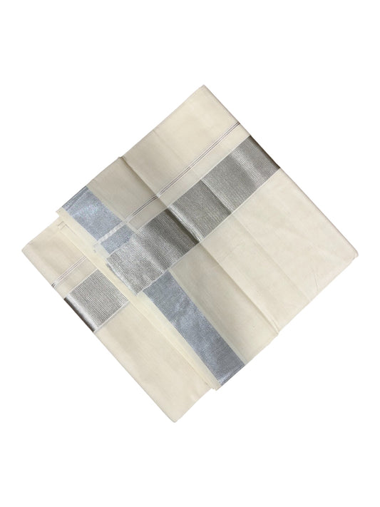 Southloom Pure Cotton Double Mundu With Silver Kasavu Border (South Indian Kerala Dhoti)