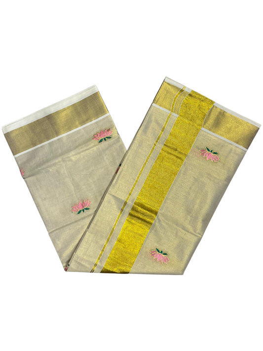 Southloom Lotus Pink and Green Embroidery Tissue Plain Kerala Saree