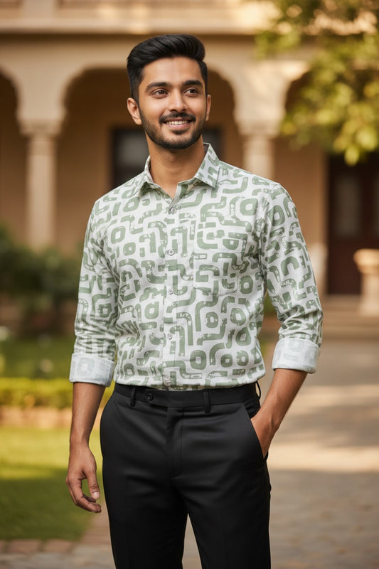 Pure Cotton White with Green Printed Shirt SLSHIRT 42 FS
