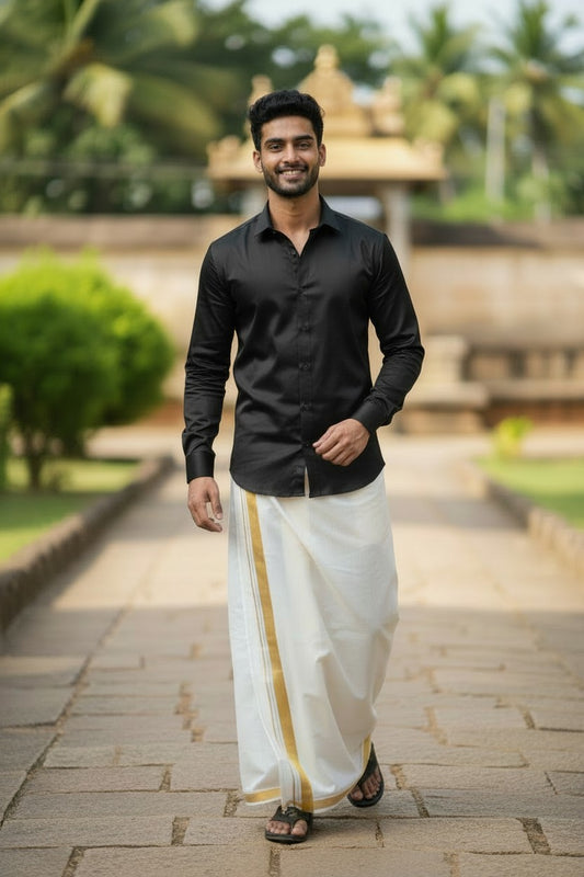 Southloom Kerala Pure Cotton Double Mundu with Gold Kasavu Border (South Indian Dhoti)
