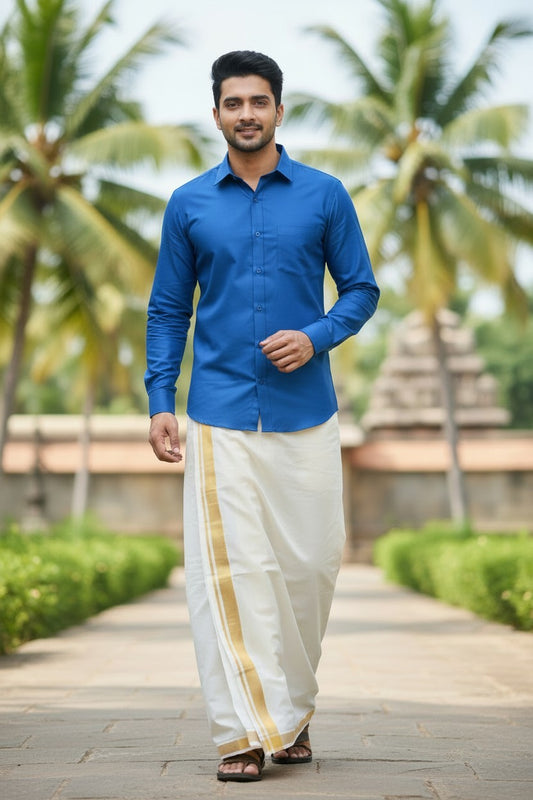 Southloom Kerala Pure Cotton Double Mundu with Gold Kasavu and Border (South Indian Dhoti)