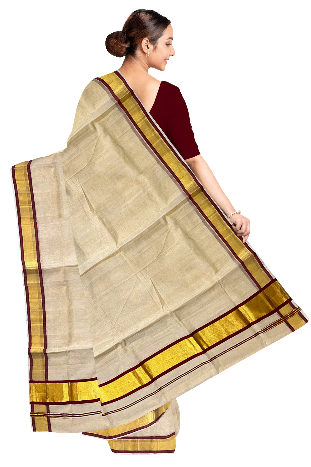 Southloom™ Premium Handloom Tissue Saree with Kasavu and Maroon Border