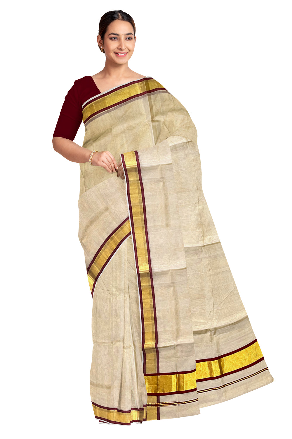 Southloom™ Premium Handloom Tissue Saree with Kasavu and Maroon Border