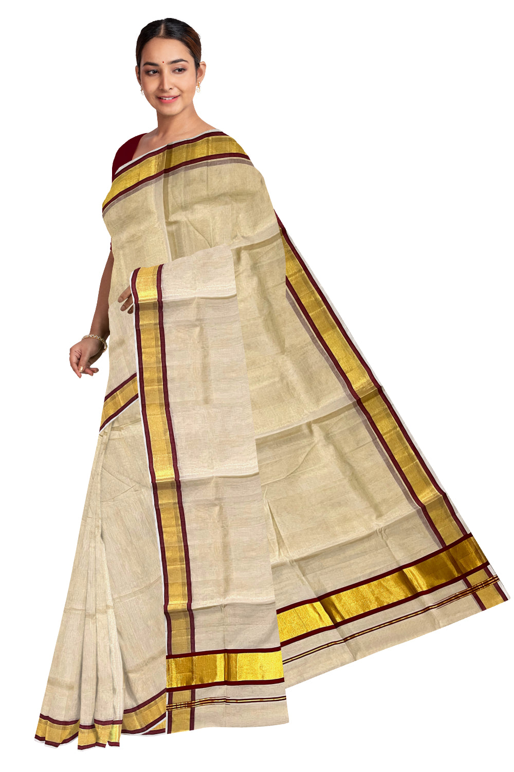 Southloom™ Premium Handloom Tissue Saree with Kasavu and Maroon Border