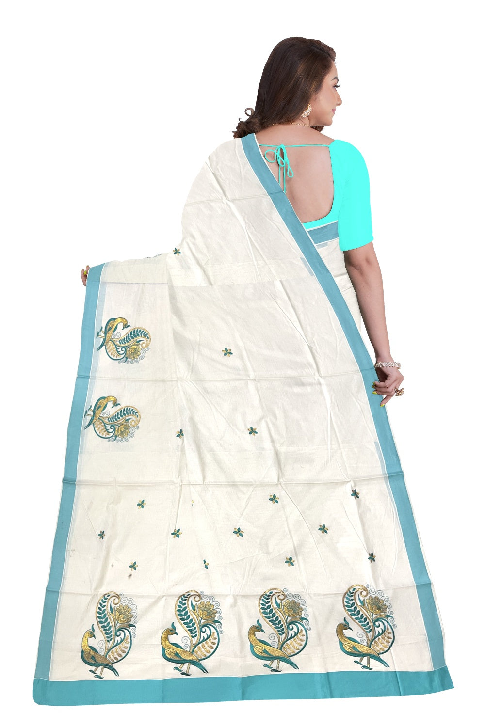 Pure Cotton Kerala Saree with Peacock Embroidery Work and Turquoise Border (Onam Saree 2023)