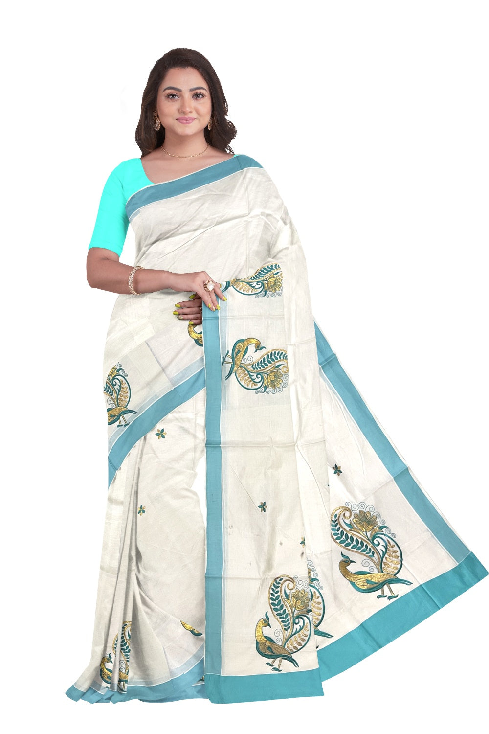 Pure Cotton Kerala Saree with Peacock Embroidery Work and Turquoise Border (Onam Saree 2023)