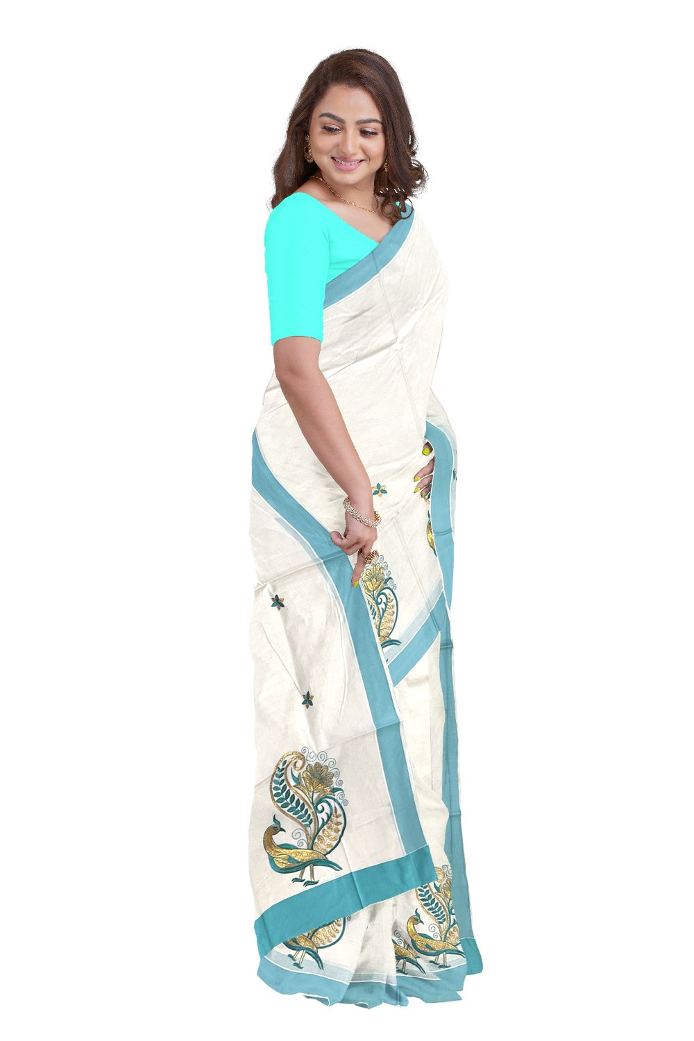 Pure Cotton Kerala Saree with Peacock Embroidery Work and Turquoise Border (Onam Saree 2023)