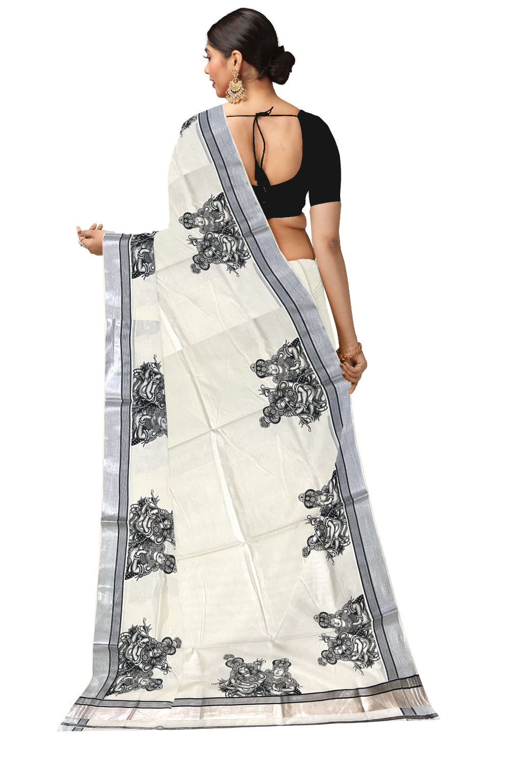 Pure Cotton Kerala Silver Kasavu Saree with Krishna Radha Mural Prints and Black Border (Onam Saree 2023)