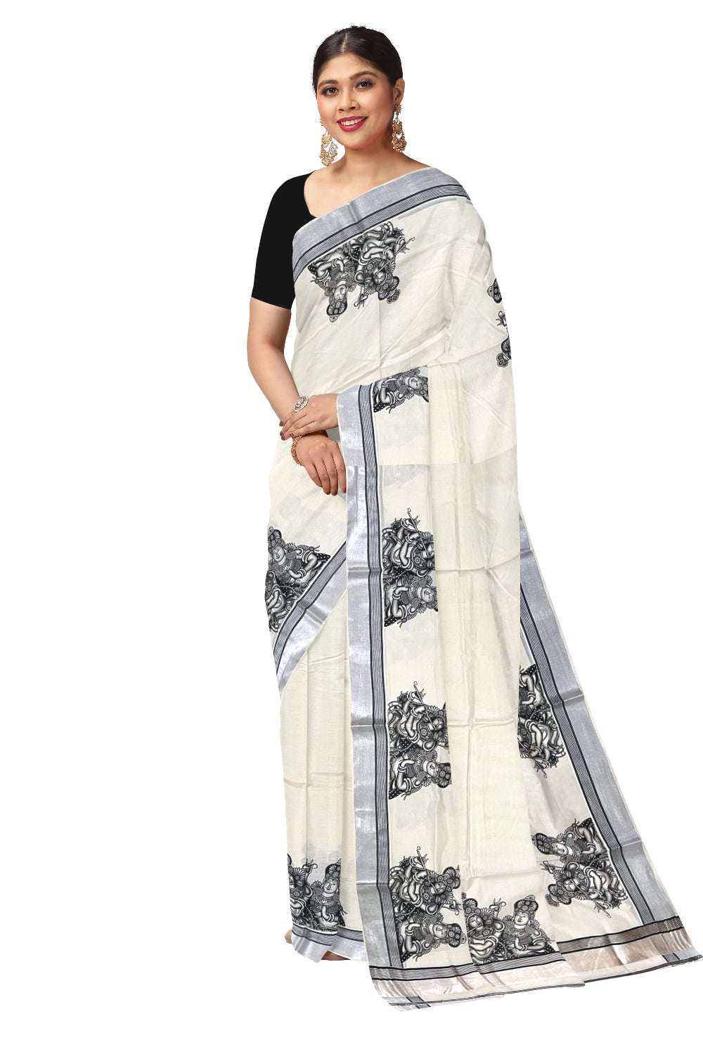 Pure Cotton Kerala Silver Kasavu Saree with Krishna Radha Mural Prints and Black Border (Onam Saree 2023)