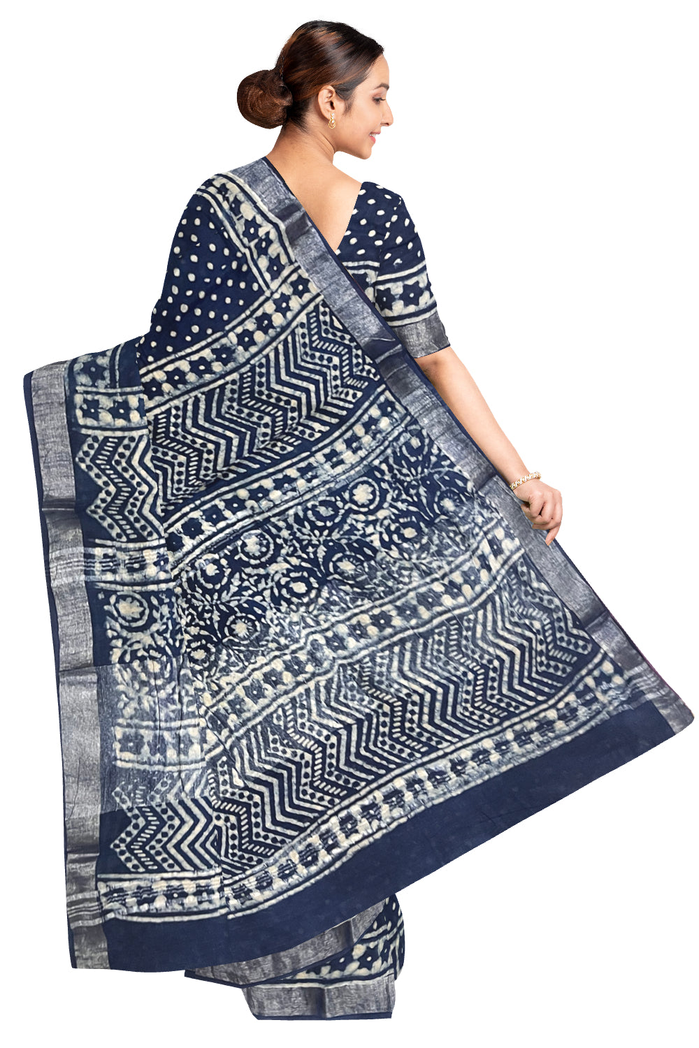 Southloom Linen Dark Blue Saree with Designer Dot Prints on Body