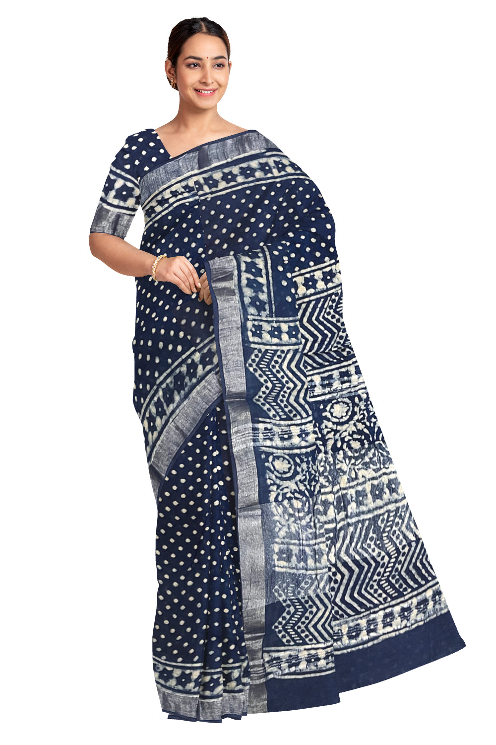 Southloom Linen Dark Blue Saree with Designer Dot Prints on Body