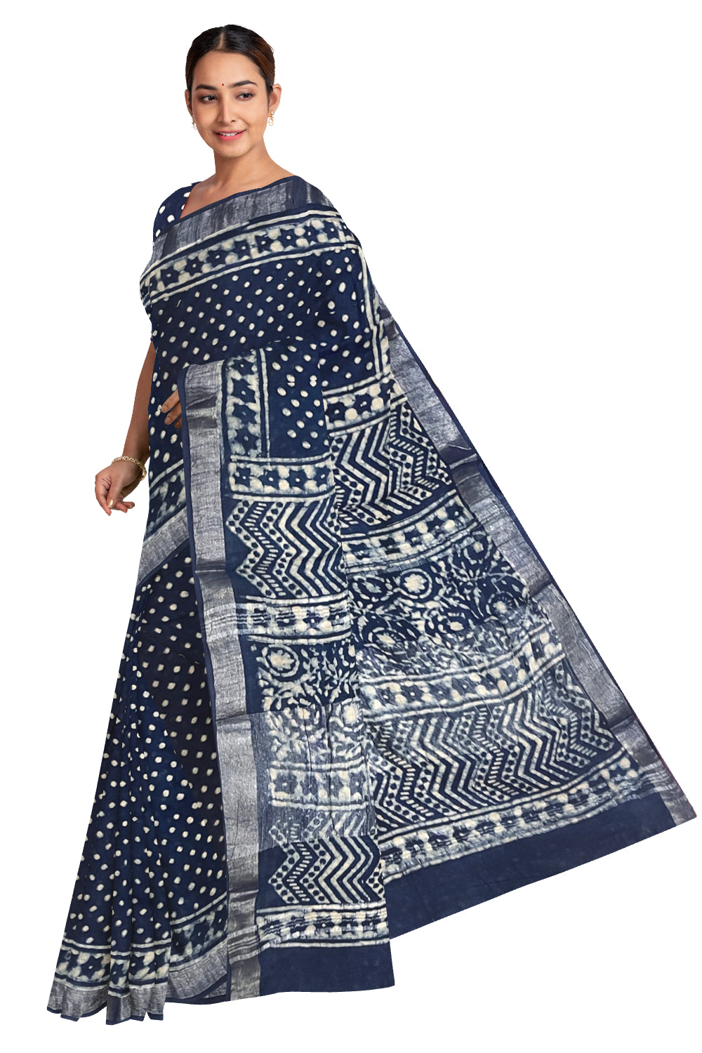 Southloom Linen Dark Blue Saree with Designer Dot Prints on Body