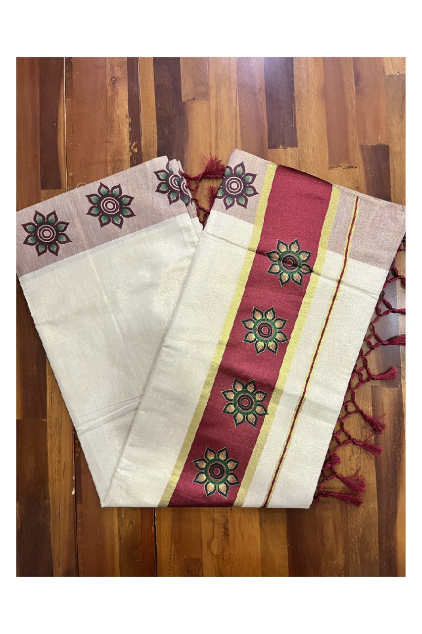 Kerala Tissue Kasavu Saree with Floral Block Prints in Maroon Border