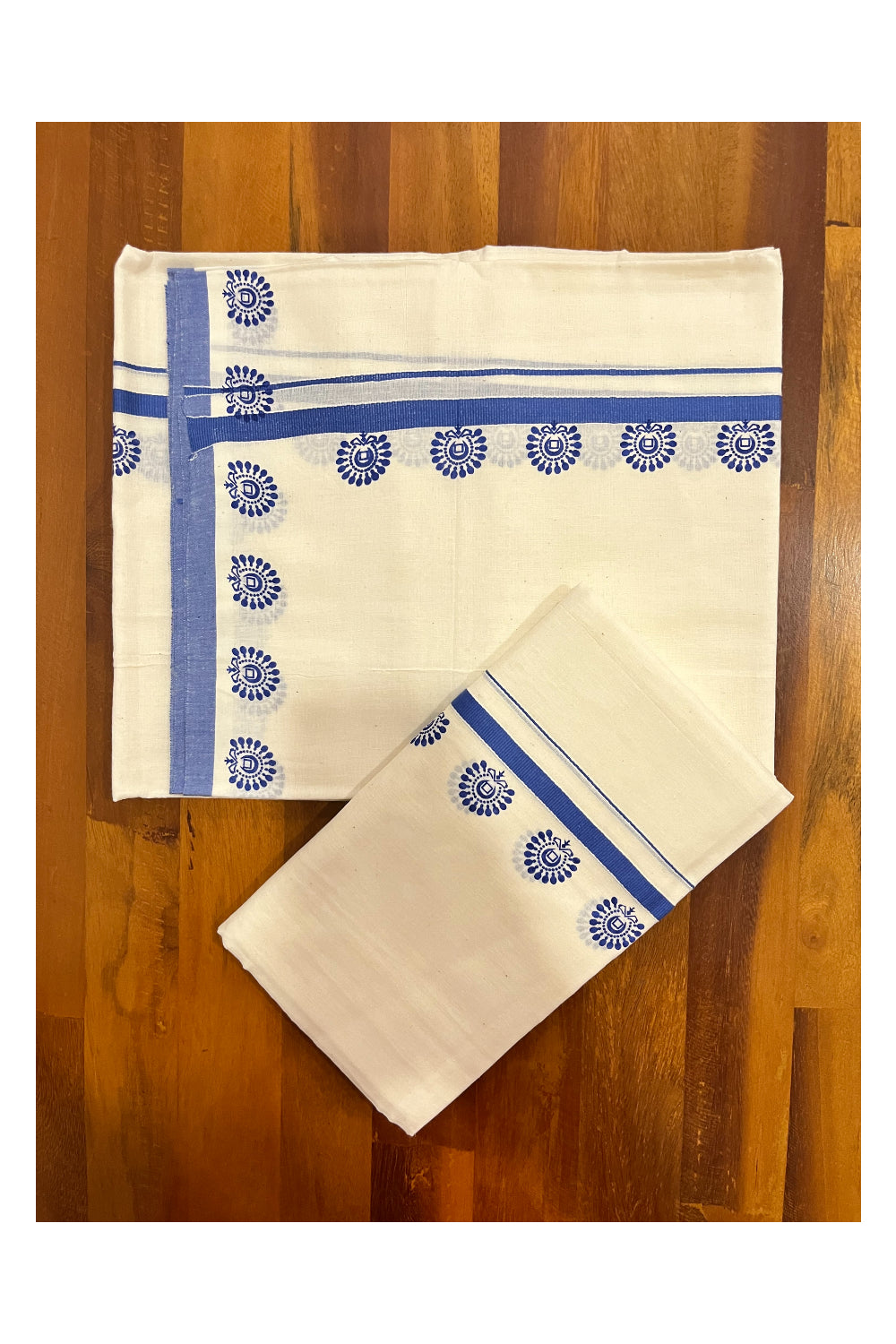 Kerala Pure Cotton Set Mundu Single (Mundum Neriyathum) with Blue Block Prints