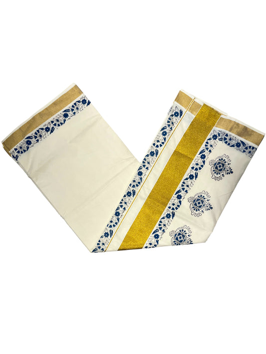 Southloom Cotton Kerala Kasavu Saree with Blue Block Prints On Border