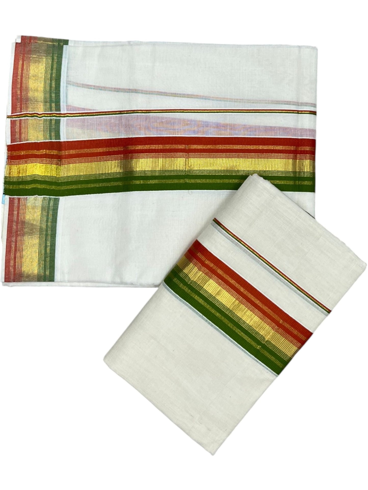Southloom Kerala Cotton Kasavu Single Set Mundu (Mundum Neriyathum) with Orange and Olive Green Kasavu Border SLKK SL480