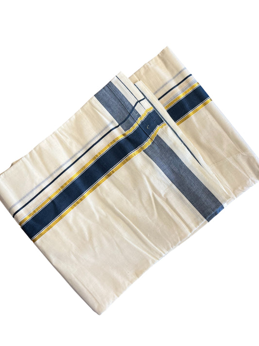 Southloom Pure Cotton Mundu with Gold Kasavu and Blue Colour Border (South Indian Kerala Dhoti)