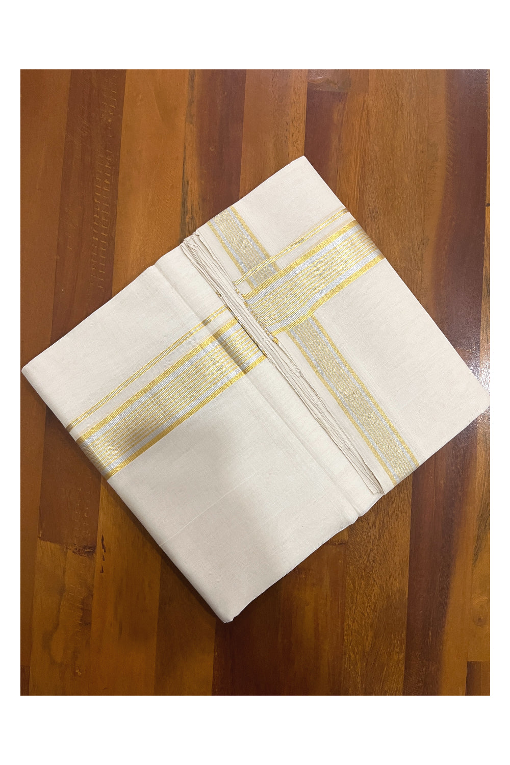 Southloom Super Premium Balaramapuram Unakkupaavu Handloom Mundu with Silver and Golden Kasavu Border (South Indian Kerala Dhoti)