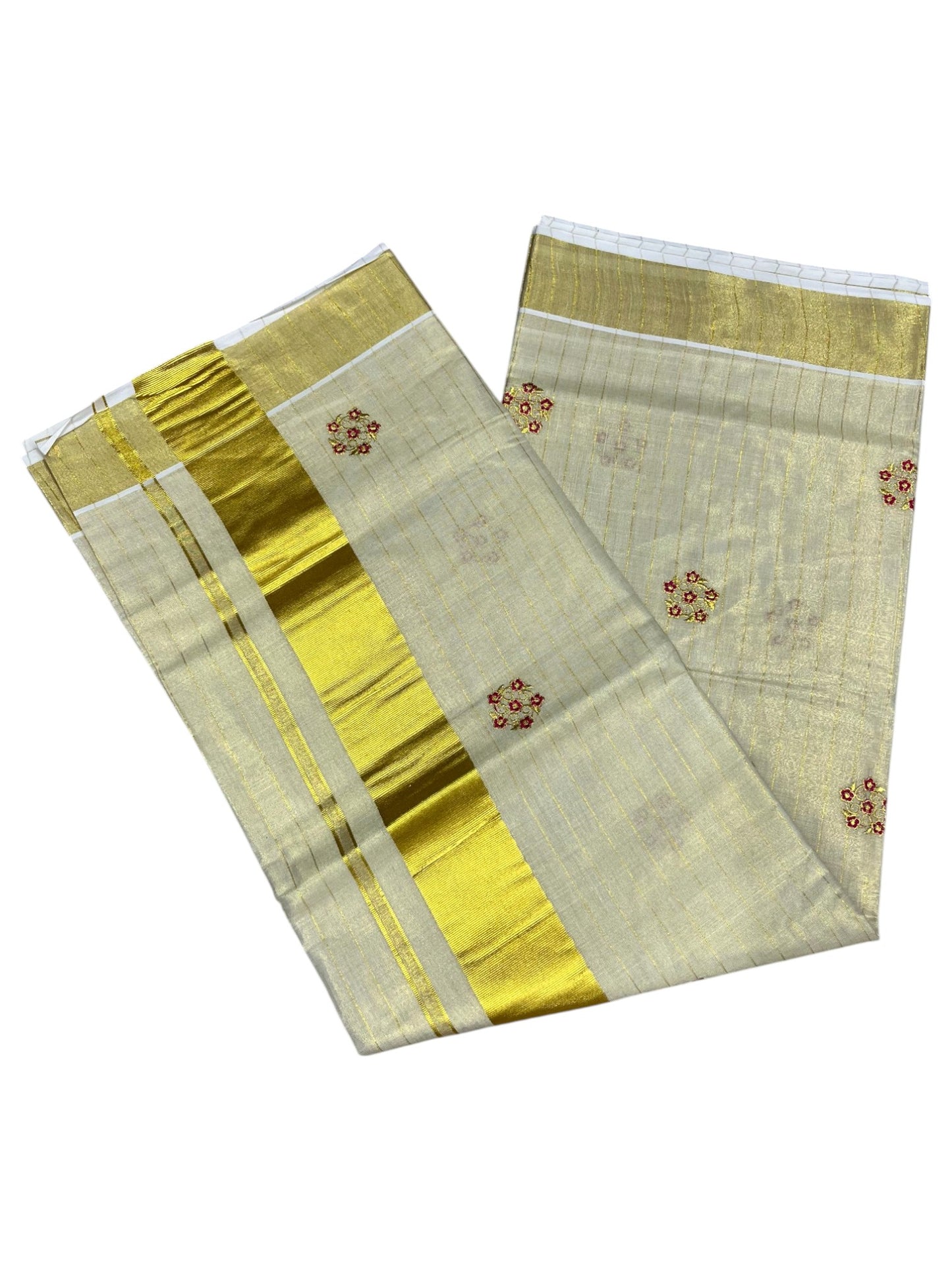 Southloom Kerala Tissue Kasavu Lines Saree with Pink Floral Embroidery Design on Body