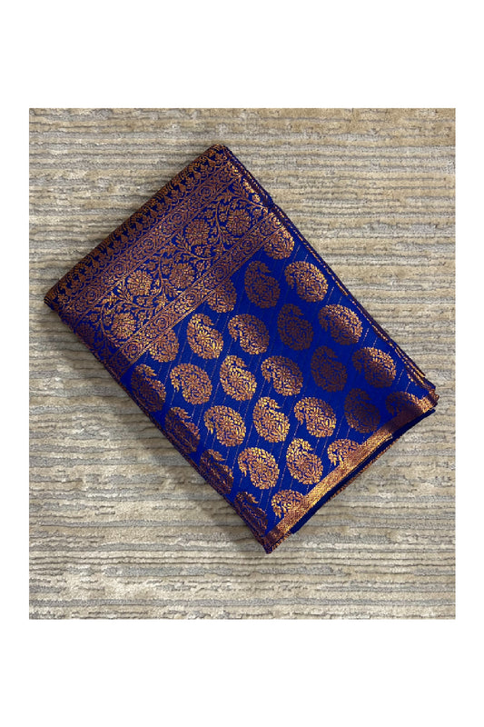 Southloom Brocade Silk Bridal Saree WIth Woven Borders And Blouse Piece in Blue And Gold