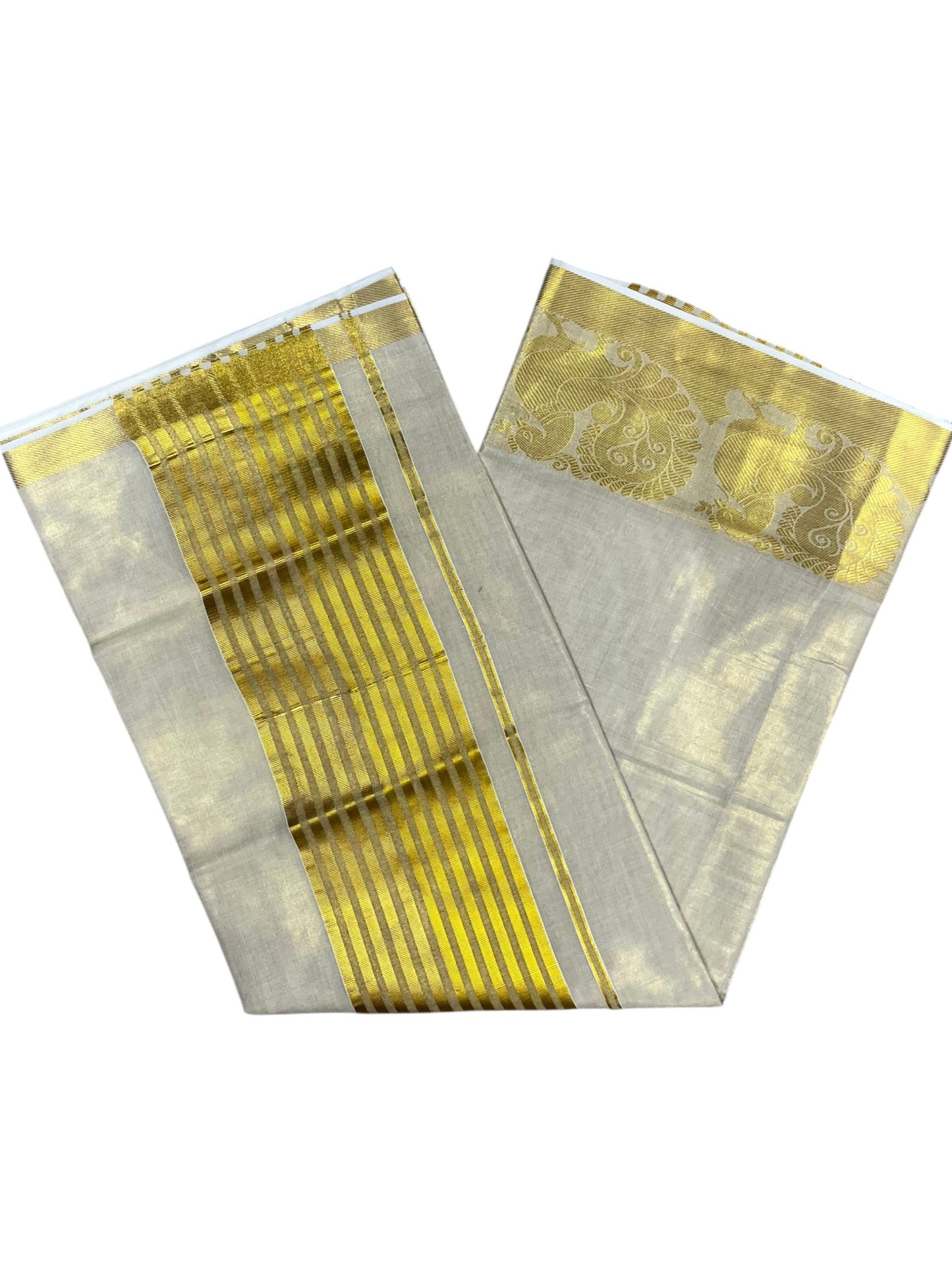 Southloom Kerala Tissue Kasavu Plain Saree with Peacock Design On Border