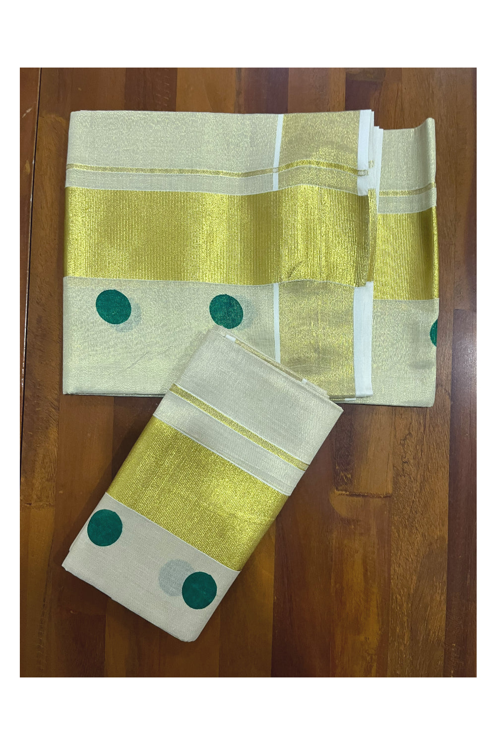 Kerala Tissue Kasavu Set Mundu (Mundum Neriyathum) with Green Polka Designs 2.80 Mtrs (Onam Set Mundu 2023)