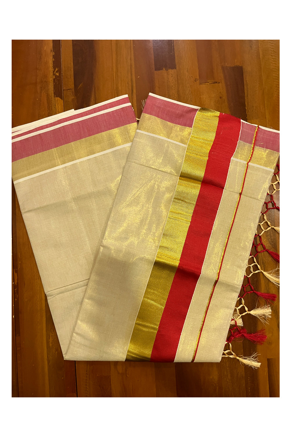 Kerala Tissue Kasavu Plain Saree with Kasavu and Red Border