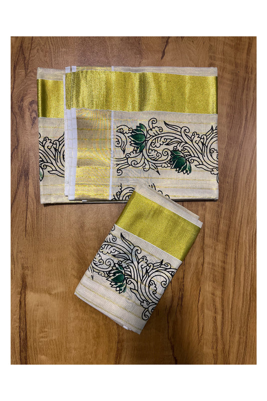 Kerala Tissue Single Set Mundu (Mundum Neriyathum) with Green Lotus Block Printed Design 2.80Mtr