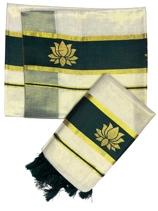 Southloom Kerala Cotton Kasavu Single Set Mundu (Mundum Neriyathum) with Lotus Design in Green SL546
