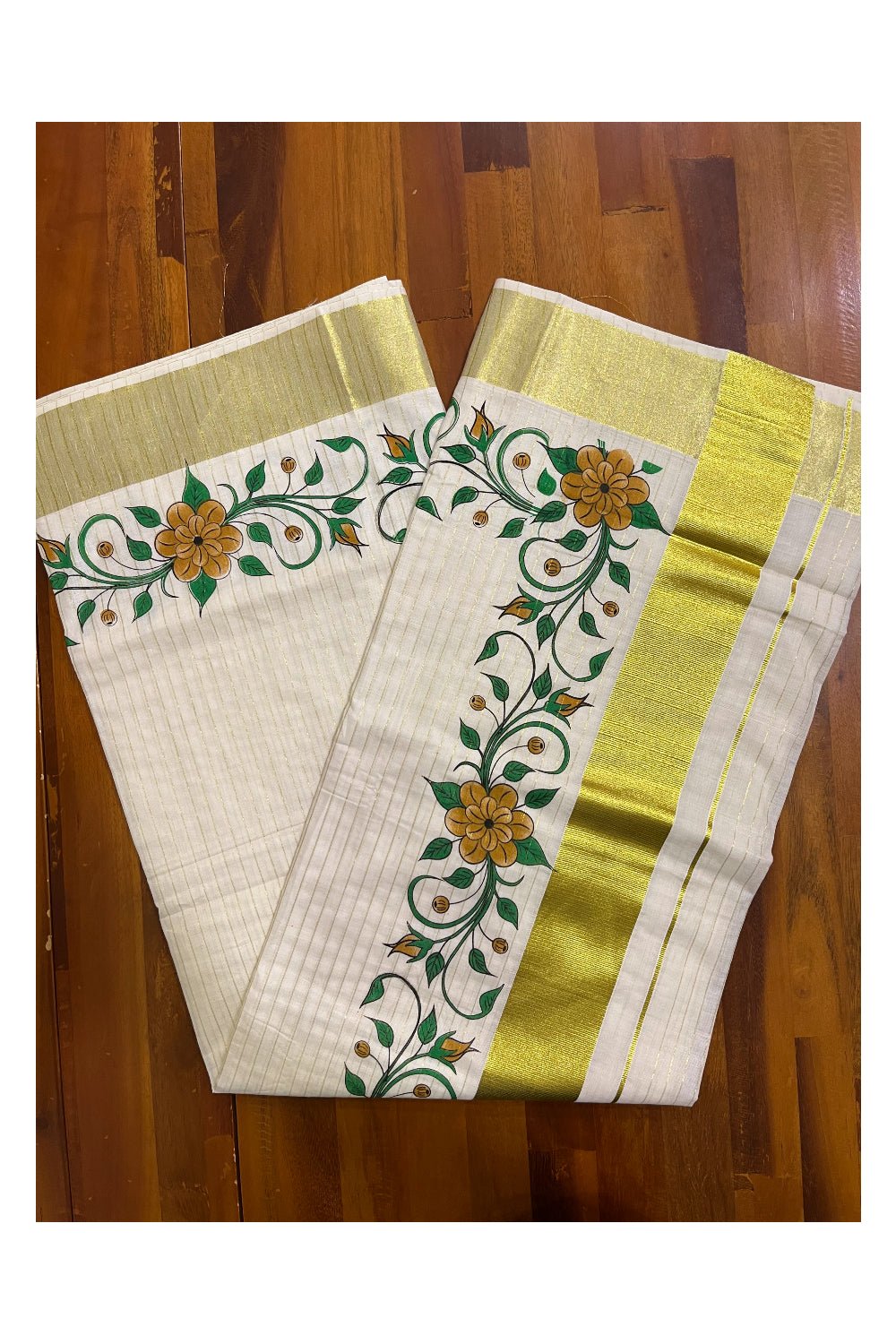 Kerala Pure Cotton Brown Floral Printed and Kasavu Lines Saree