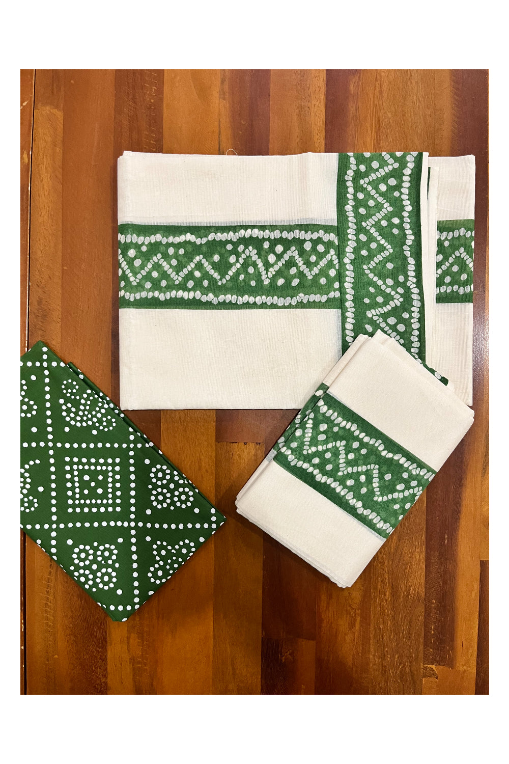 Kerala Cotton Set Mundu (Mundum Neriyathum) with Green Block Prints and Seperate Blouse Piece