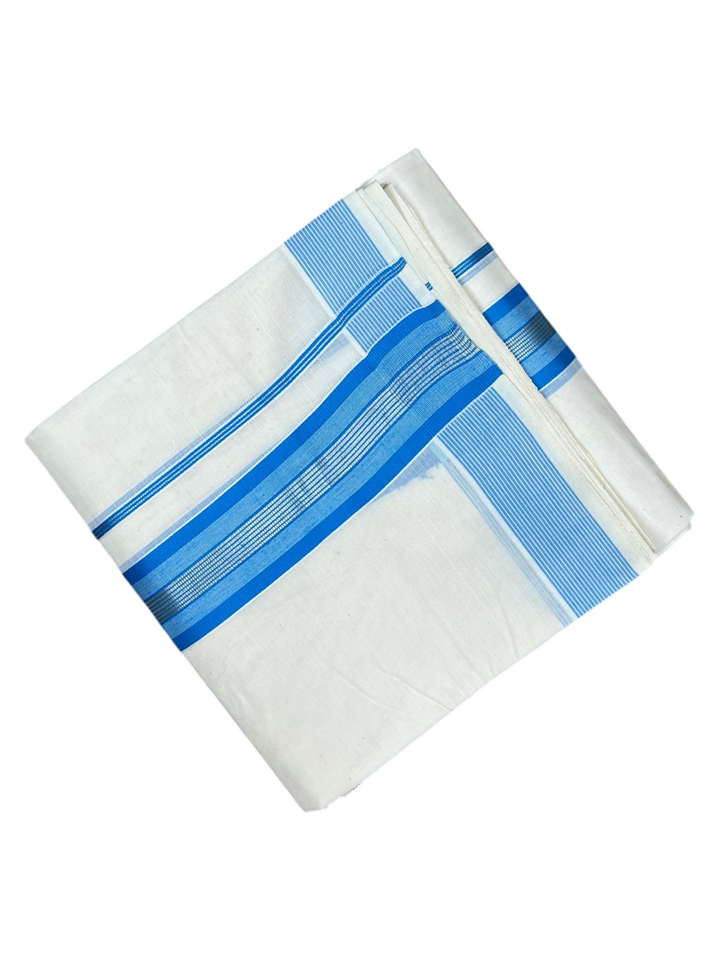 Southloom Pure Cotton Mundu with Silver Lines and Blue Border (South Indian Kerala Dhoti)