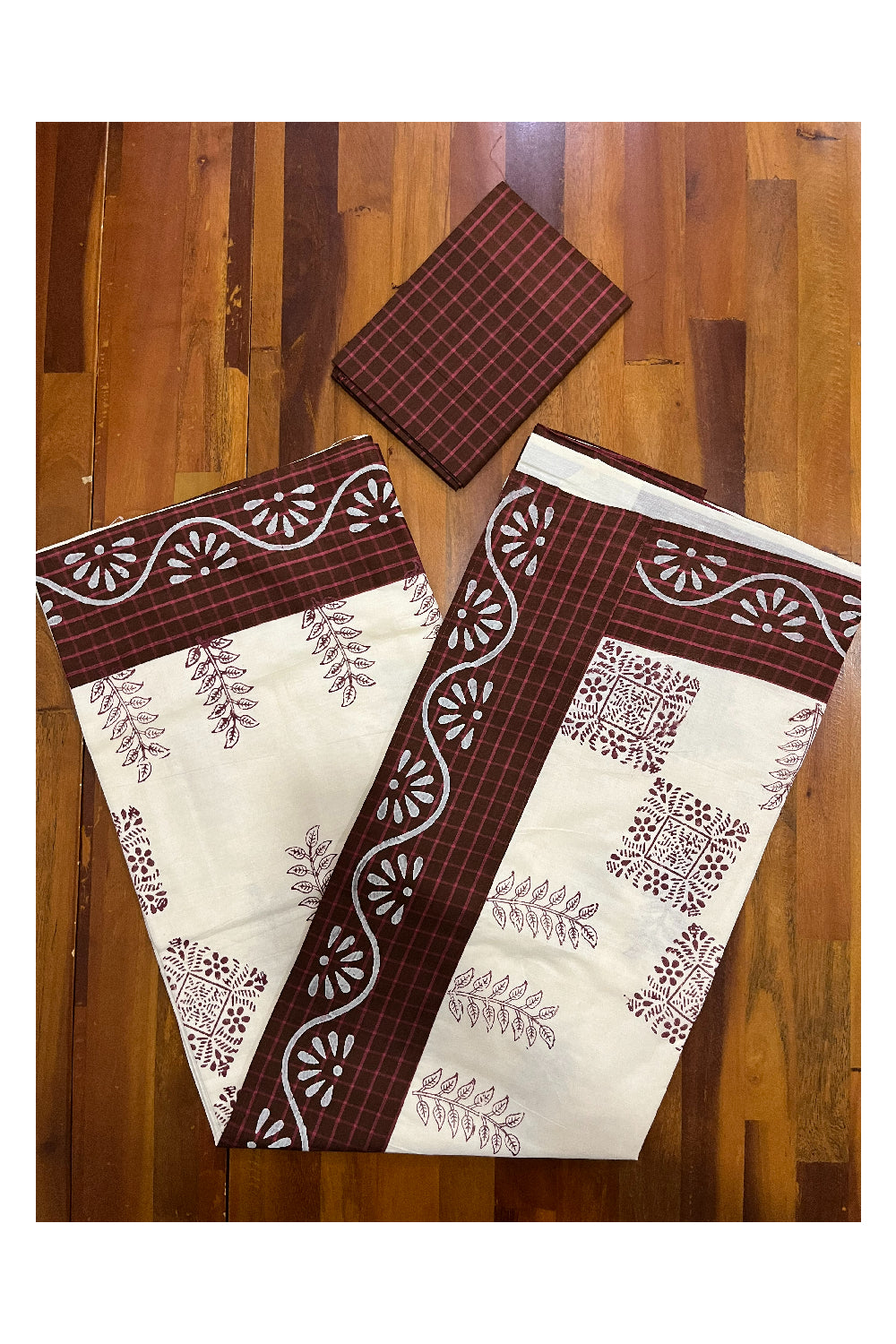 Pure Cotton Onam 2023 Kerala Saree with Hand Block Maroon Batik Prints