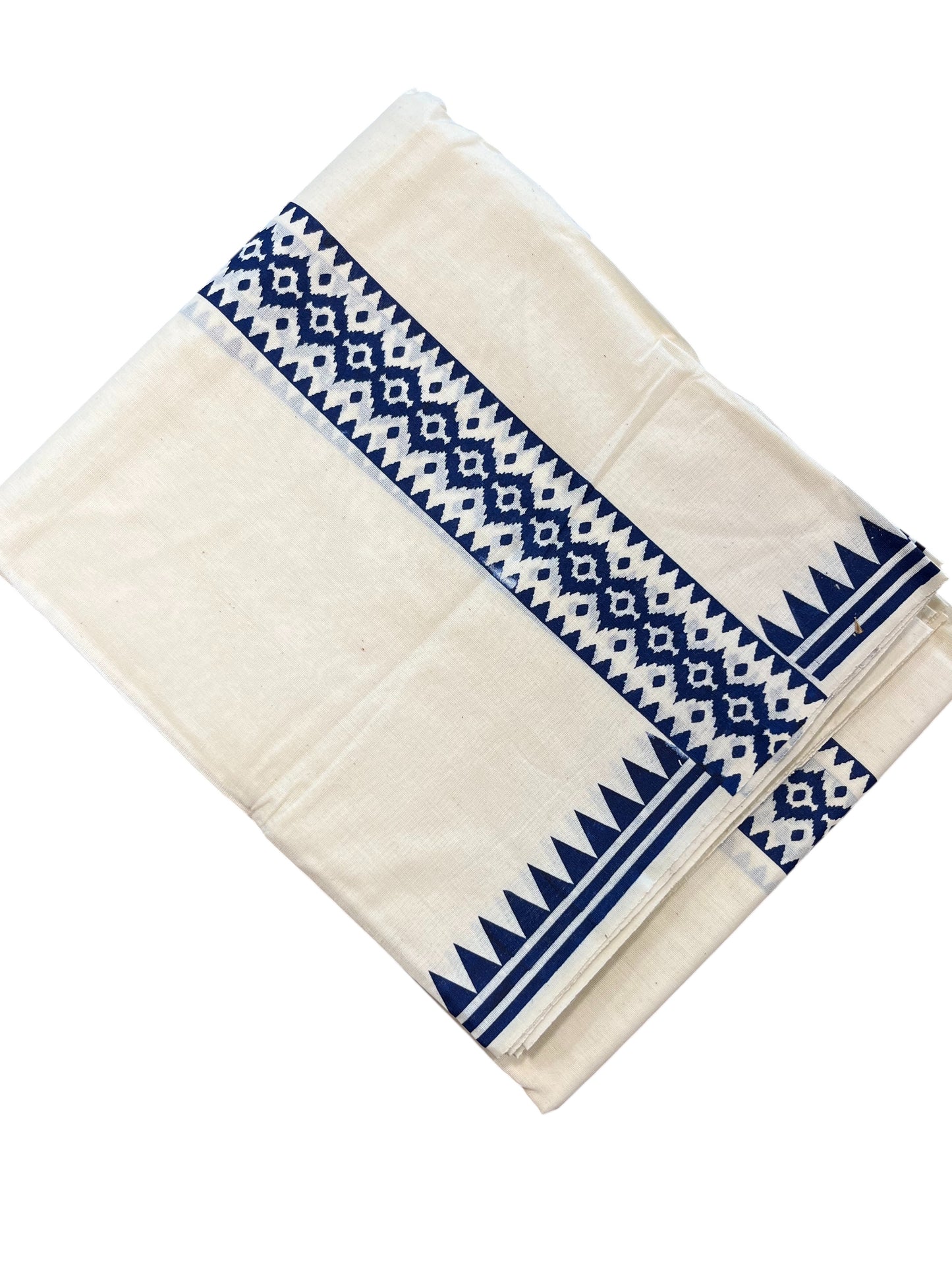 Southloom Pure Cotton Double Mundu with Block Prints on Blue Kara (South Indian Kerala Dhoti)