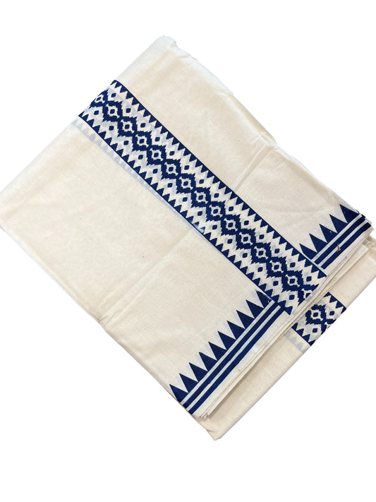 Southloom Pure Cotton Double Mundu with Block Prints on Blue Kara (South Indian Kerala Dhoti)