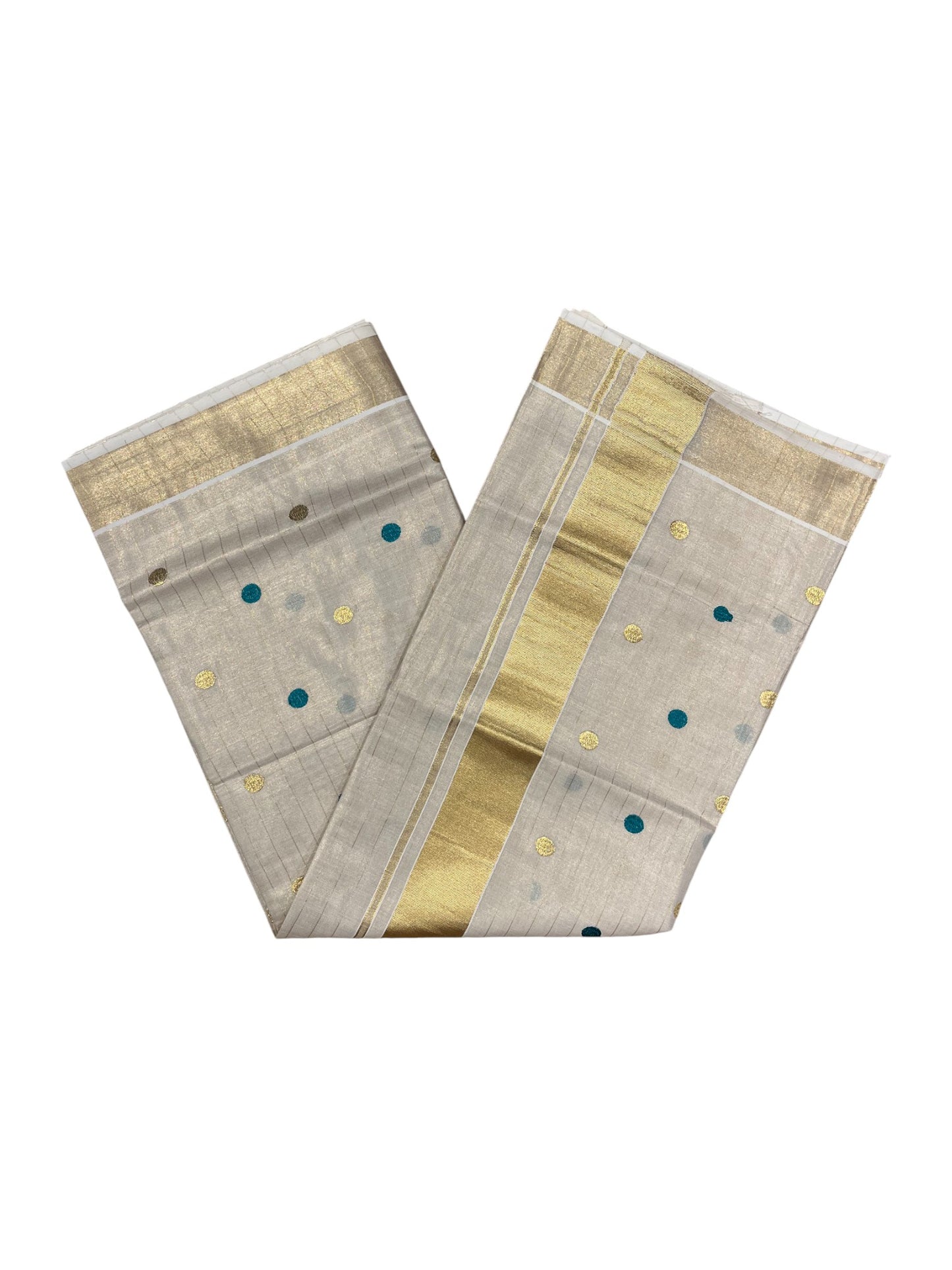 Southloom Kerala Tissue Kasavu Saree with Gold& Green Polka Embroidery Works on Body