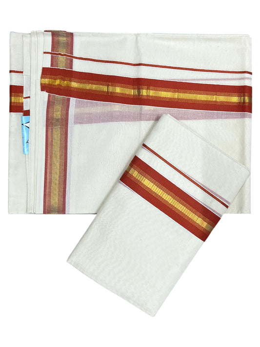 Southloom Kerala Cotton Single Set Mundu (Mundum Neriyathum) with Kasavu and Orange Border SLKK