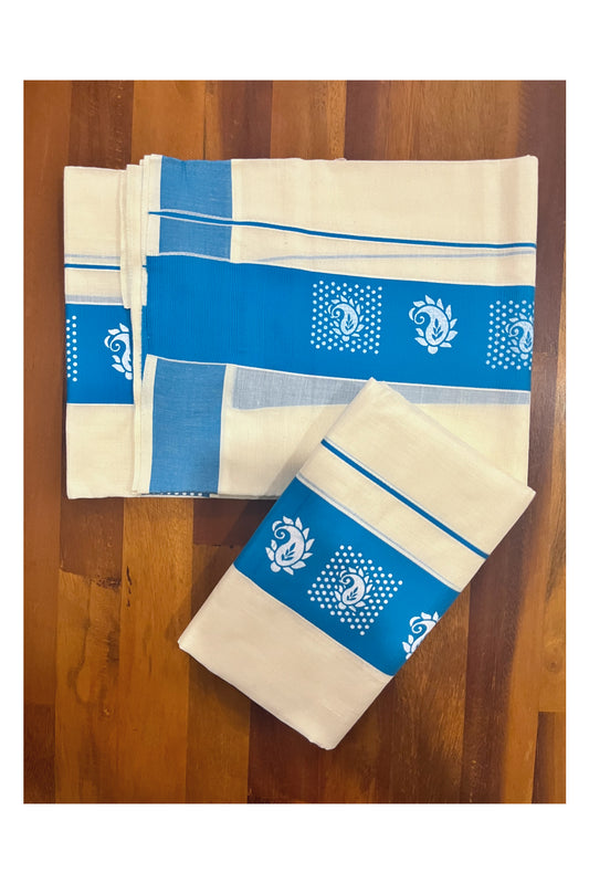 Kerala Cotton Single Set Mundu (Mundum Neriyathum) with Block Prints on Blue Border
